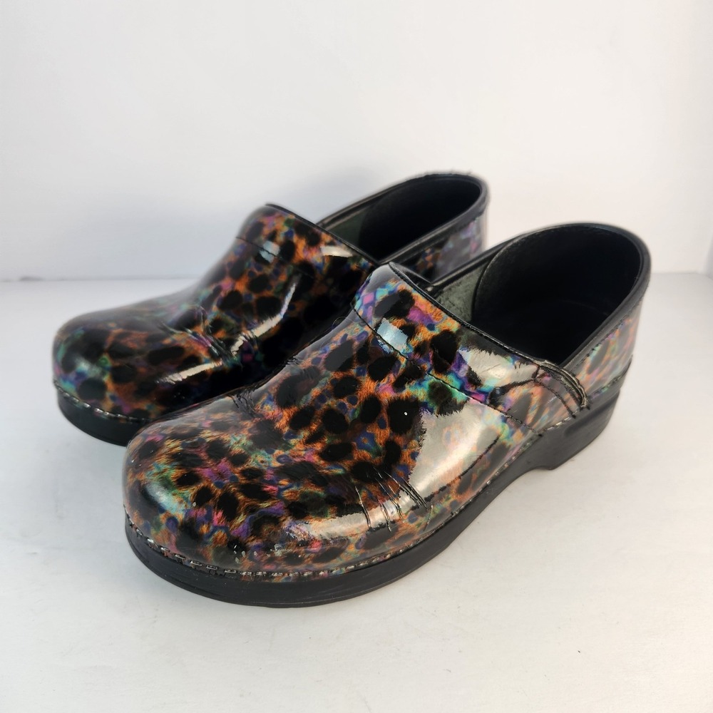 Dansko Multicolor Leopard Print Patent Clogs